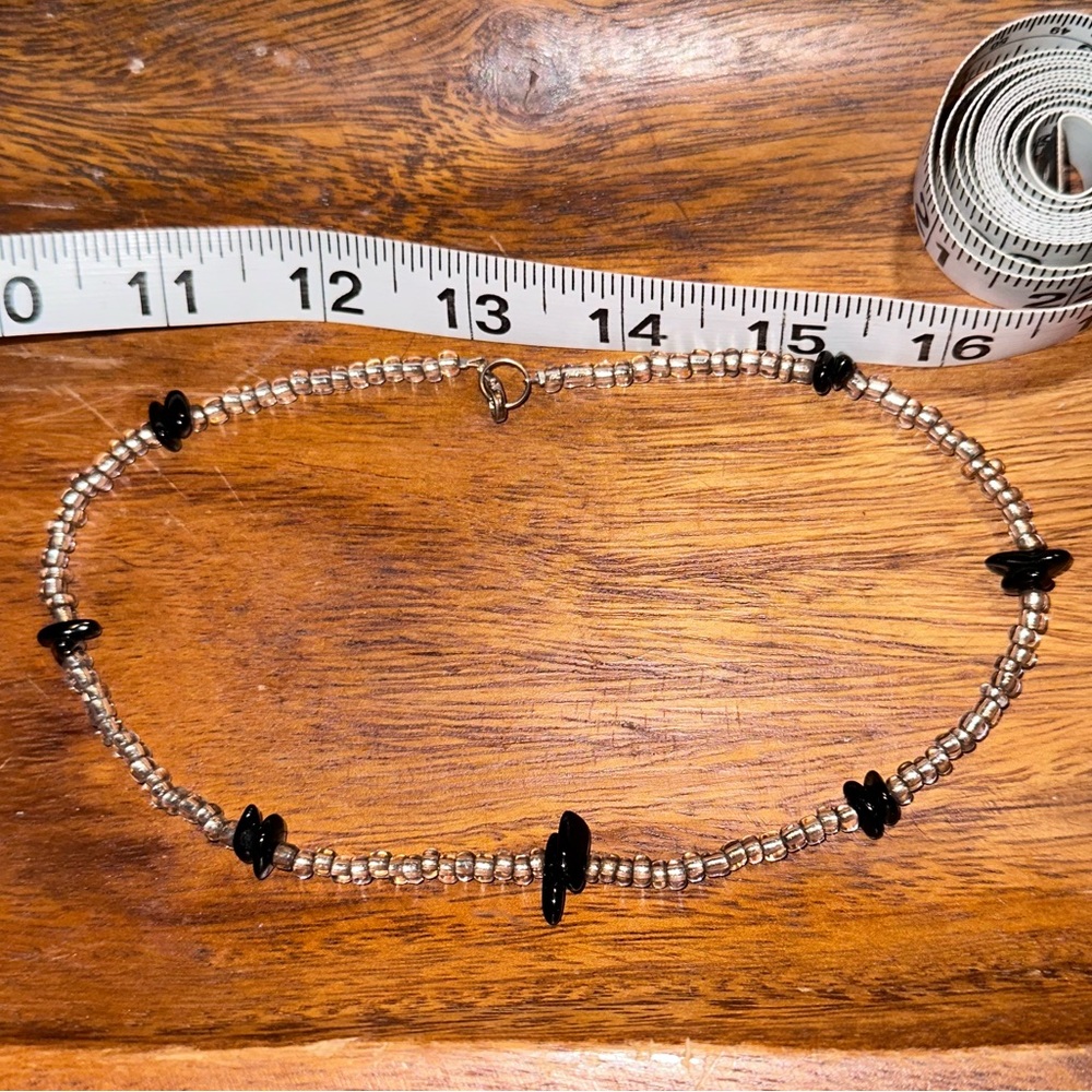 Silver & black stone chip bead necklace